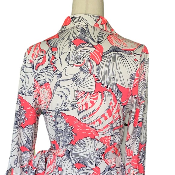 Julie Brown NYC Milo Wrap Shirt Dress in Neon Coral Pink Shell Print - L - Picture 8 of 13